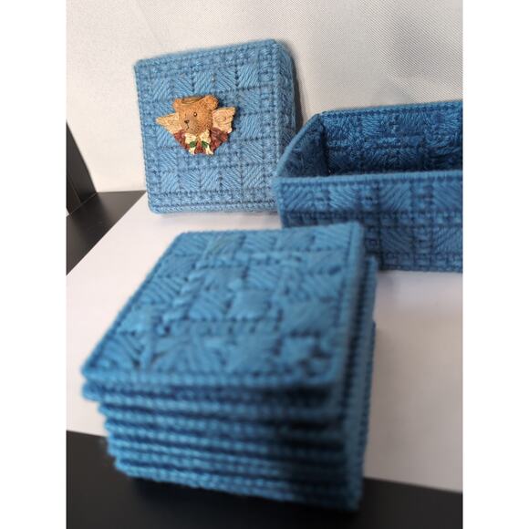 Homemade Plastic Canvas Set Of 8 Coasters With Container And Teddy Bear Angel... - Picture 3 of 4